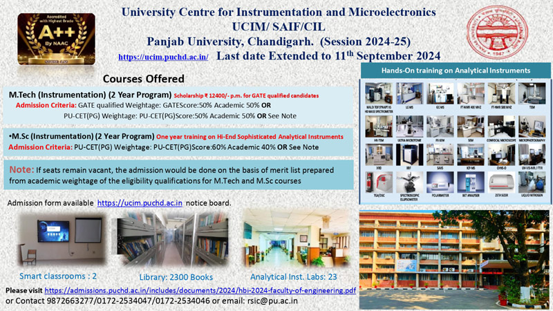 Applications invited for M.Tech. (Instrumentation) and M.Sc. (Instrumentation) at PU